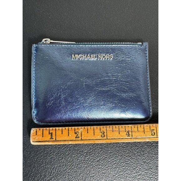 Michael Kors Jet Set Blue Metallic Leather Card Holder Zipper Pouch Key Ring - Picture 5 of 6